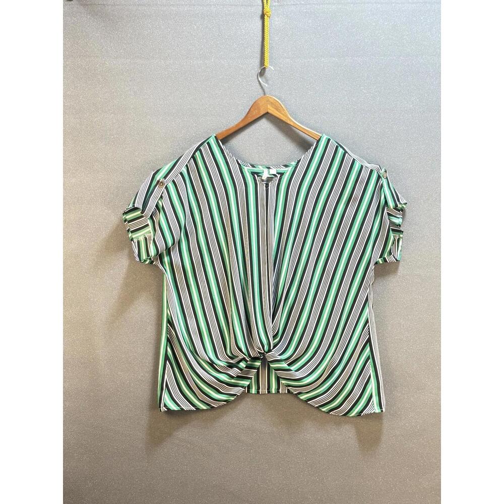 CATO Hi-Lo Twist Front Blouse Green Black & White Stripes Business Casual Office